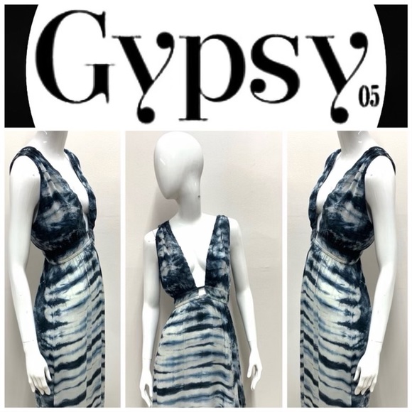 GYPSY05 NEW navy blue and white tie dye deep v maxi dress with leg slit,Gorgeous - Picture 2 of 9